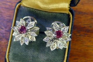 Vintage palladium ART DECO ANTIQUE 1920 ' s RUBY DIAMOND earrings C4 3