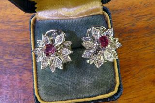 Vintage palladium ART DECO ANTIQUE 1920 ' s RUBY DIAMOND earrings C4 4