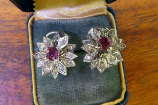 Vintage palladium ART DECO ANTIQUE 1920 ' s RUBY DIAMOND earrings C4 5