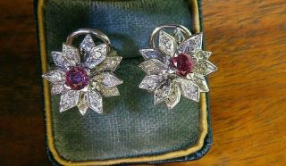 Vintage palladium ART DECO ANTIQUE 1920 ' s RUBY DIAMOND earrings C4 6