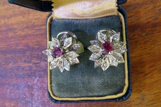 Vintage palladium ART DECO ANTIQUE 1920 ' s RUBY DIAMOND earrings C4 7
