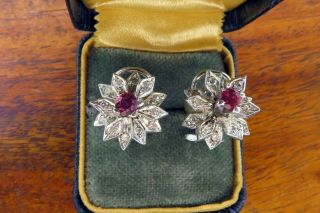 Vintage palladium ART DECO ANTIQUE 1920 ' s RUBY DIAMOND earrings C4 8