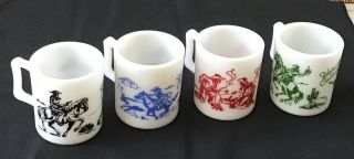 Vintage Set Of 4 Hopalong Cassidy Milk Glass Mugs - 4 Colors Great Graphics - 1950s