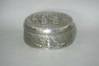 Antique 19thc Dutch Sterling Silver Round Jewelry Box Figural Repousse No Res.
