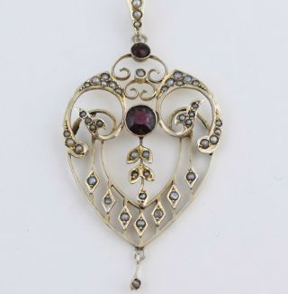 Antique Victorian Edwardian 9k Gold Garnet Seed Pearl Lavaliere Pendant Necklace