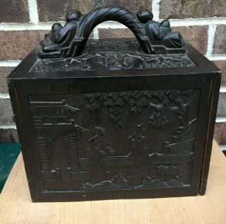Antique Wood Mah Jong Carved Box From Bamboo Bone Tile Set Ornate Asian Decor