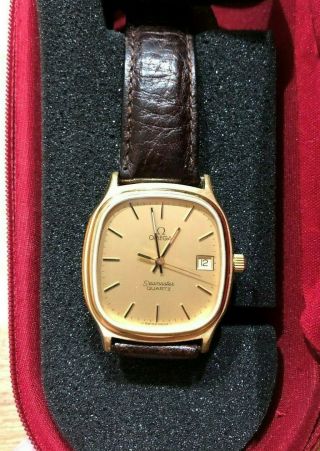 Auth Omega Seamaster Gold Dial Ss Square Case Quartz Vintage Wristwatch Mens