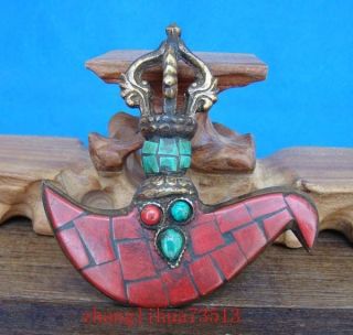 Handmade Statue Brnoze & Red Coral & Turquoise Inlaid Tibetan Buddhism Amulet