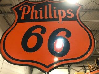 Vtg Phillips 66 Two Sided Porcelain Gas Station Sign W/steel Ring,