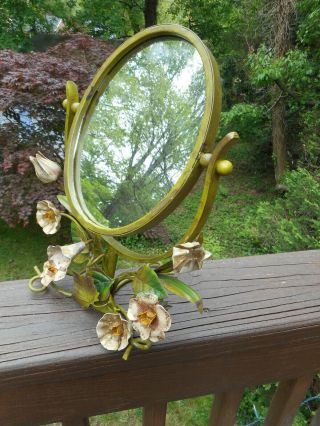 Vintage Decorative Painted Enamel Wrought Iron Floral Table Top Mirror & Stand