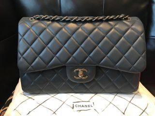 Chanel Rare Charcoal Grey Quilted Lambskin Patinated Chain Jumbo Double Flap Bag