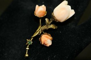 14k Carved Angel Skin Coral Gold Rose Flower Brooch Pin With Emerald