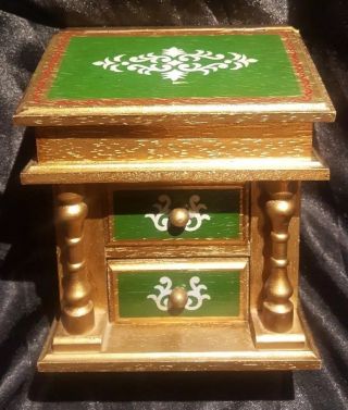 Vintage Jewelry Music Box Tole Green Gilt Gold Florentine Wood Hollywood Regency