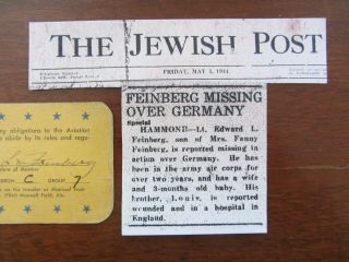 WWII,  Jewish Army Air Corps card,  Officer,  453rd Bomb Group J Stewart,  MIA,  Al. 4