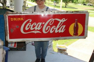 Large Vintage 1940 Coca Cola Soda Pop Gas Station 56 " Embossed Metal Sign