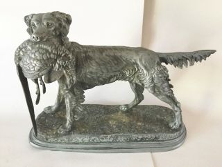 Antique France Large Cast Spelter Grey Metal Setter Hunting Dog W/ Pheasant