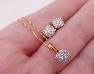 9ct Gold 1/2ct Diamond Pendant On Chain & Matching Cluster Earrings,  Boxed,  9k 375