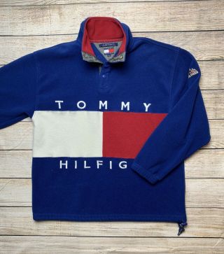 Vintage Tommy Hilfiger Big Logo Flag Outdoors Spellout Fleece Pullover Sz Medium