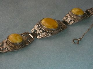 Vintage Butterscotch Amber And Silver Ornate Link Bracelet & Safety Chain