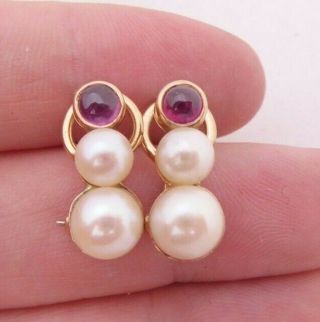 9ct Gold Heavy Cultured Pearl & Cabochon Ruby Earrings,  9k 375
