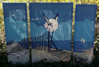 Large Vintage Marushka 3 Piece Set Art Print Beach Scene Gulls Sailboat Blue Sky