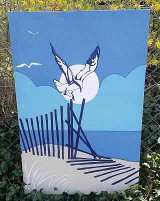 Large Vintage Marushka 3 Piece Set Art Print Beach Scene Gulls Sailboat Blue Sky 2