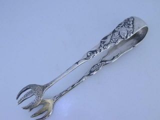 Rare Sterling GORHAM Serving Tongs AESTHETIC w/ Fish swimming in waves of water 2