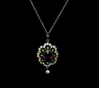 Stunning Antique French 800 Silver Jeweled Pendant Necklace Suffragette Colors