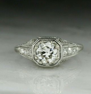 Antique European Ring 2.  4 Ct Round Diamond 14k White Gold Vintage Art Deco Ring