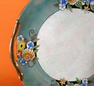 Noritake Cake Plate - Gold Handles - Iridescent Luster With Teal Border - Japan 3