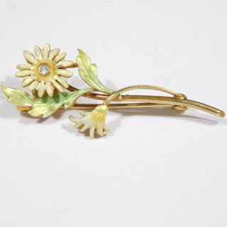 14k Krementz Art Nouveau Enamel Diamond Flower Pin Brooch