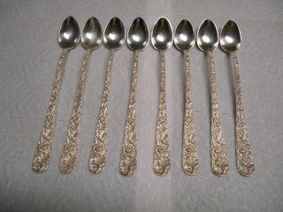 Lovely Set Of 8 Kirk & Son Repousse Sterling 7 5/8 " Iced Teaspoons S Mono
