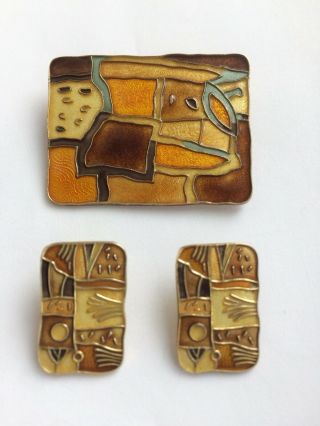 David Andersen Modernist Four Seasons ‘autumn’ Brooch And Earrings Set 1950’s