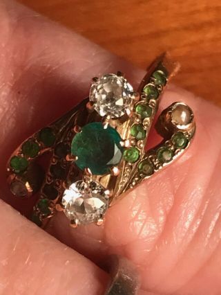 Emerald And Mine Cut Diamond And Pearl Victorian Gold Ring Cira 1890