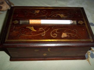 Vintage Antique Wood Inlaid Brass Cigarette Box Unusual