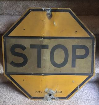 Vintage Stop Sign City Of Chicago Yellow Gray Black 1950s 1960s Rare Make Offer