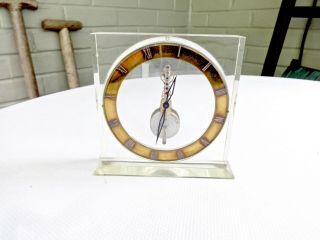 Unique Vintage Lecoultre Gold Plated Lucite 16 Jewel Desk Mantel Clock,  Runs