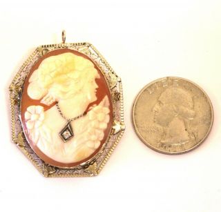 14k White Gold Diamond Cameo Pin Brooch Pendant Charm 9g Vintage Estate Antique