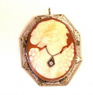 14k white gold diamond cameo pin brooch pendant charm 9g vintage estate antique 2