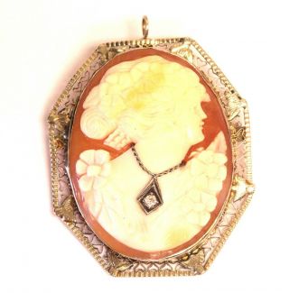 14k white gold diamond cameo pin brooch pendant charm 9g vintage estate antique 3