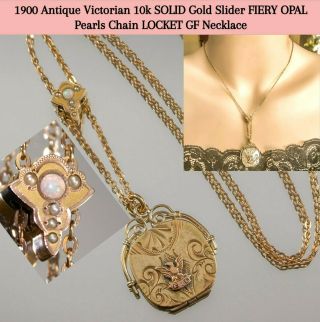 1900 Antique Victorian 10k Solid Gold Slider Opal Pearl Chain Locket Gf Necklace