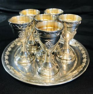 Antique Israel Dugma Sterling Silver Set Of 6 Kiddish Judaica Liquor Cups & Tray