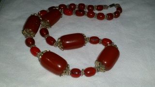 Antique Art Deco Silver Filigree Cherry Amber Bakelite Bead Necklace,  90g 23 "