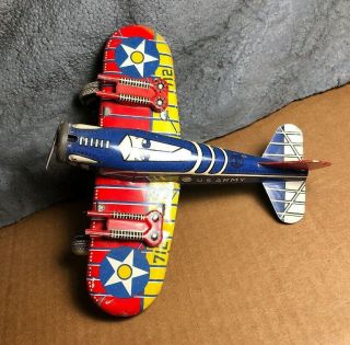 Vintage Marx | 7 " U.  S.  Army Tin Wind - Up Airplane | Made In Usa |