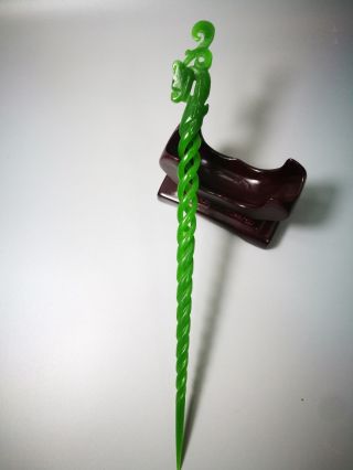 Exquisite Chinese Old Hand Carving Natural Green Jade Phoenix Hairpin