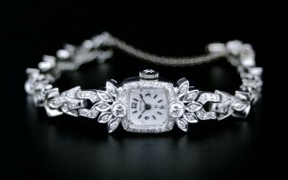 Vintage Hamilton Diamond Encrusted Platinum Ladies Watch,  40.  3g,  Approx 2.  25tcw