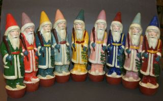 Extremely Rare Set Of 9 Victorian Santa Claus Figural Skittle Game About 8 " Ea