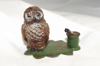 Antique German Spelter Cold Painted Owl With Mini Candleholder Sign Germany Only