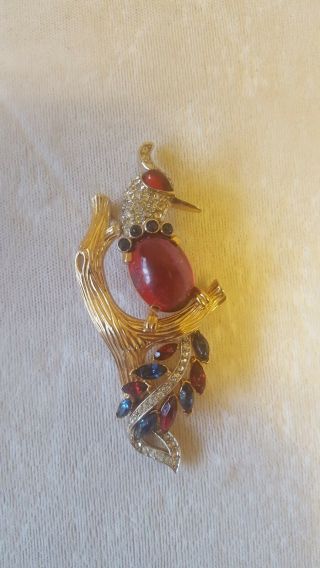 Trifari vintage Alfred Philippe jeweled pave colorful rhinestone Bird on branch 2