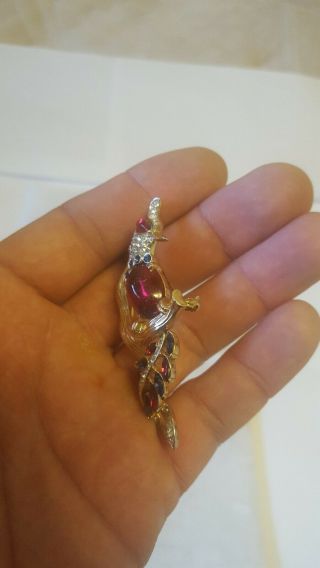 Trifari vintage Alfred Philippe jeweled pave colorful rhinestone Bird on branch 4